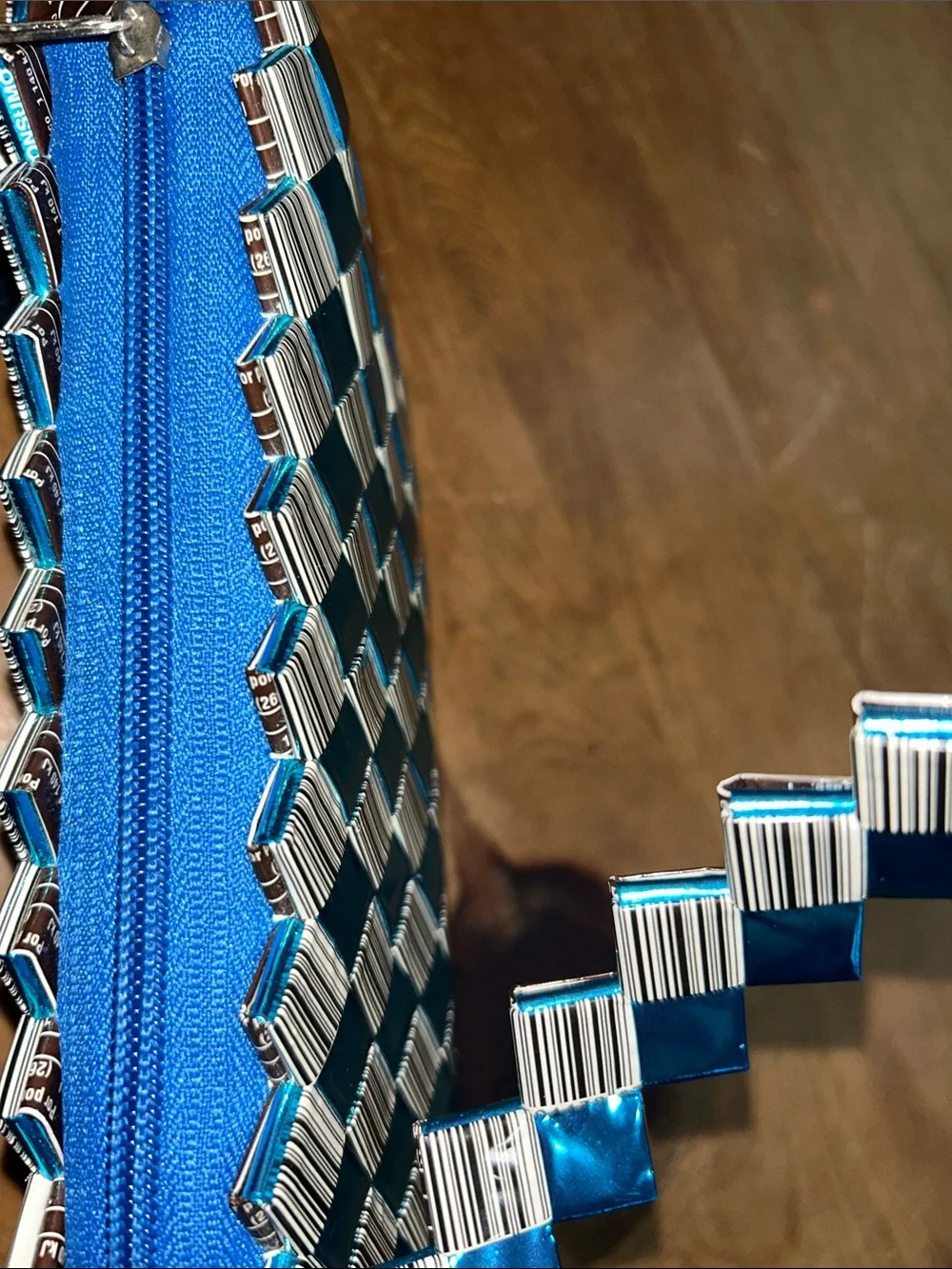 Handmade Recycled Wrapper Woven Shoulder Bag Blue Silver Artisan Purse